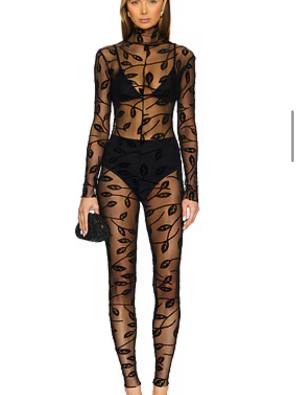 Norma Kamali Black Sheer Leaf-Embroidered Jumpsuit